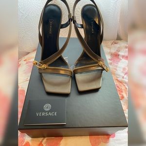Versace Saftey Pin Zipper Slingback Sandal 9.5 NWT Brown